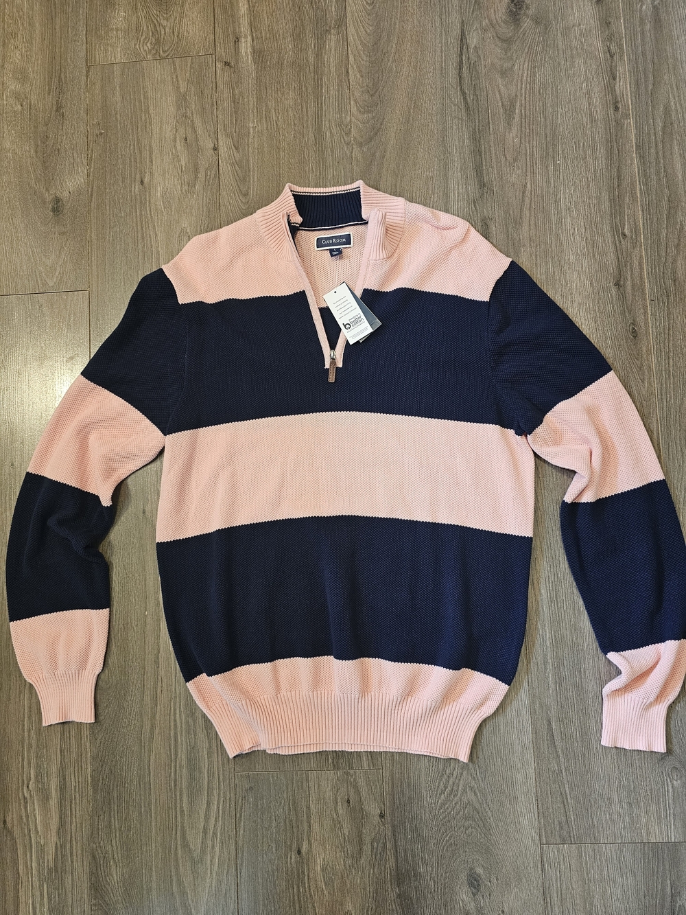 NWT Club Room Men’s Navy and Pink Striped Half-Zip Sweater